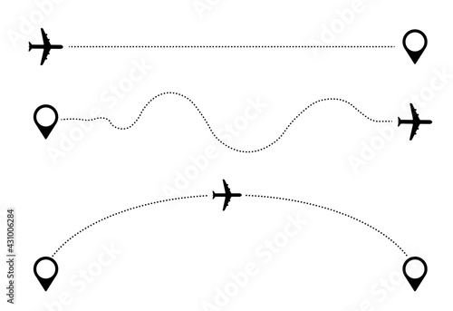 air travel pictograms with destination marker symbol and plane icon connected with dotted line vector illustration