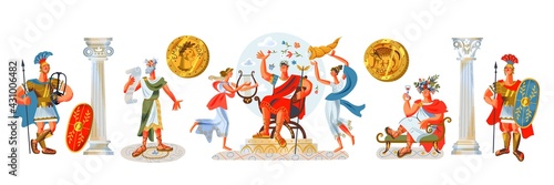Ancient Roman empire people and elements set. Rome history and culture vector illustration. Soldiers, women, warriors, emperor, columns, citizens, senator on white background