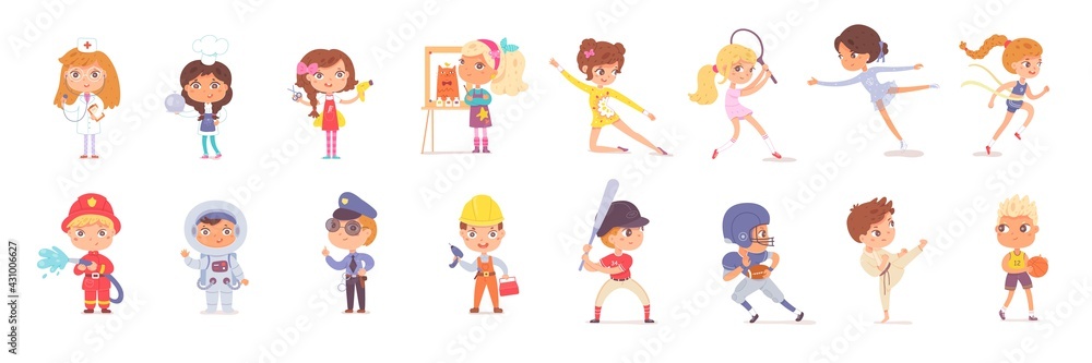 Kid professions and sports set. Boys and girls with occupations vector illustration. Fireman, astronaut, police, builder, nurse, cook, painter, sportsmen: basketball, karate, rugby, gymnastics Kid professions and sports set. Boys and girls with occupations vector illustration. Fireman, astronaut, police, builder, nurse, cook, painter, sportsmen: basketball, karate, rugby, gymnastics