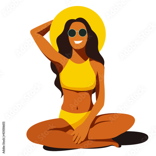 vector flat design trendy illustration on the theme of summer holidays. tanned young smiling girl in yellow swimsuit,sunglasses and hat sits in lotus position on the beach isolated on white background