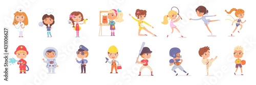 Kid professions and sports set. Boys and girls with occupations vector illustration. Fireman, astronaut, police, builder, nurse, cook, painter, sportsmen: basketball, karate, rugby, gymnastics