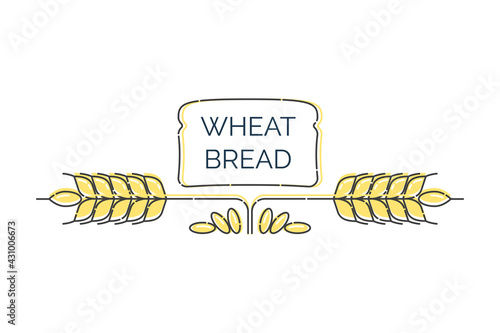 Two wheat spikes with scattered grains and over them loaf bread. Line whole grain symbol illustration for organic eco business, agriculture, bakery. Food logo on white background. Natural product