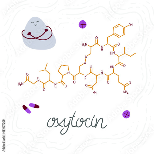 Oxytocin chemical formula, hormone of love, closeness, hugs. Hand-drawn doodle illustration with a cute abstract character. Symbol for biology, chemistry, naturopathy, medicine. Isolated on white.