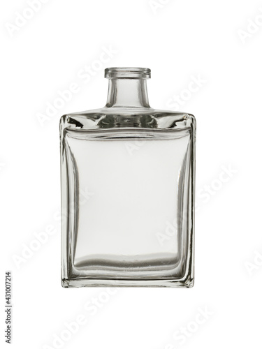 Open, empty glass perfume squared bottle isolated on a white background