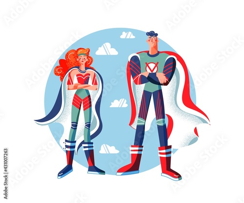 Two superheroes in costume with arms crossed. Superwoman and man with cape vector illustration. Cartoon woman and guy with powers posing on blue sky background. Brave smiling girl and boy standing