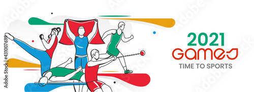 2021 Games Time To Sports Banner Or Header Design With Vector Illustration Of Athletics Or Sports Person In Action Pose.