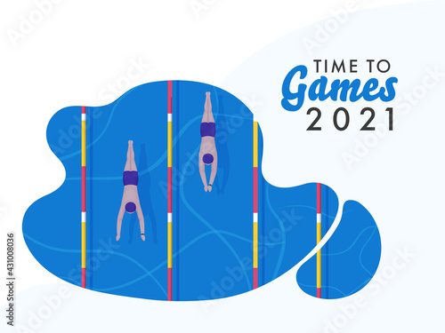 2021 Time To Sport Games Concept With Top View Of Athletics Swimming At Pool For Competition.