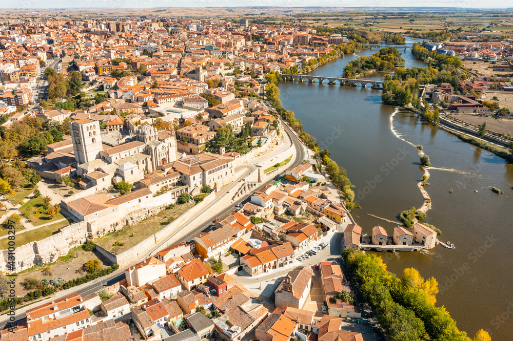 Aerial view of Zamora cathedral in Zamora township along Douro river, Castilla y Leon, Spain. Aerial view of Zamora cathedral in Zamora township along Douro river, Castilla y Leon, Spain.