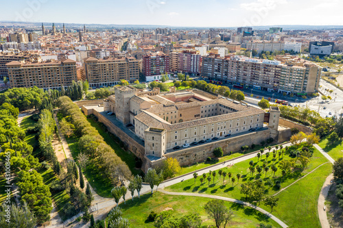 Aerial view of Palacio de la Aljaferia, a medieval islamic palace and Parliament seat in Zaragoza, Aragon, Spain. photo