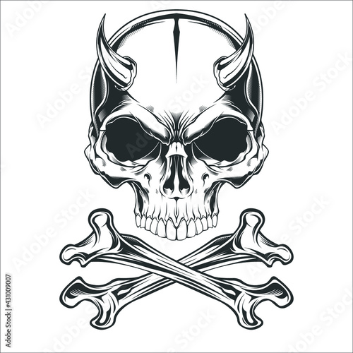 Vintage skull without jaw and crossbones horns monochrome template