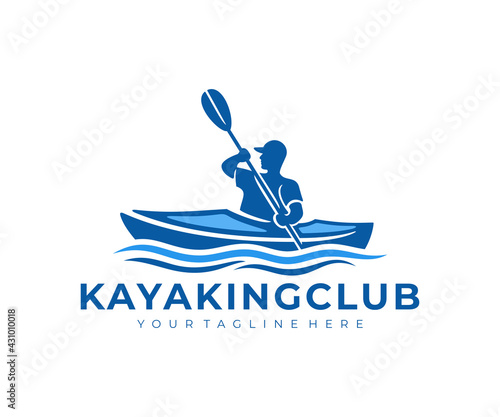 River kayaking, a guy in a kayak sails on river, logo design. Leisure kayakers touring, journey, travel and traveling, vector design and illustration