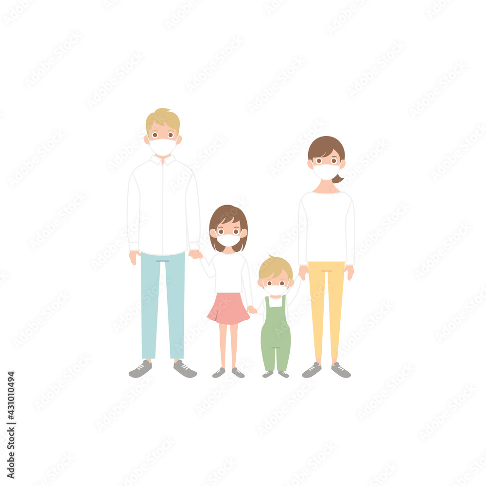 Family portrait. The family uses medical masks to protect against the coronavirus. Parents, children, grandparents against the spread of coronavirus. Flat cartoon vector illustration. 