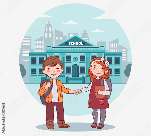 Cute kids with book. Back to school vector concept. Happy boy and girl
