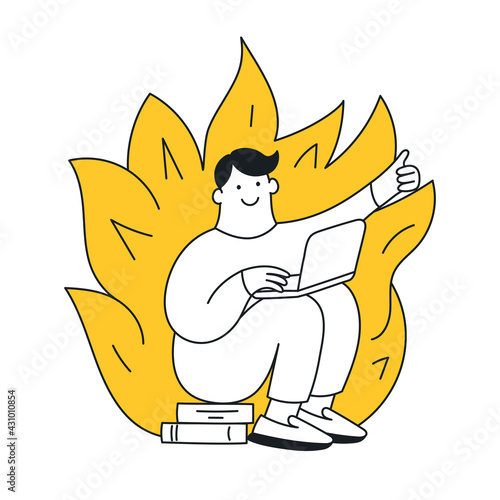 Deadline, work on fire mode. A cute cartoon man is working with a computer and a fire is burning behind him. The problem, hard work, close deadline. Thin line vector illustration on white.