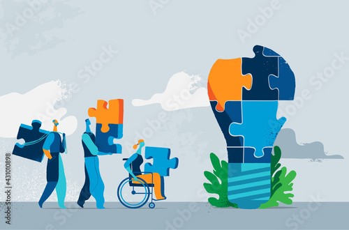 Persone che collaborano per costruire nuove idee per la società
