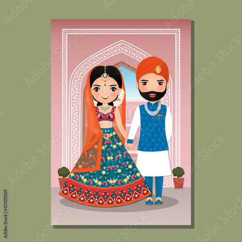  Wedding invitation card the bride and groom cute couple in traditional indian dress cartoon character. Vector illustration.