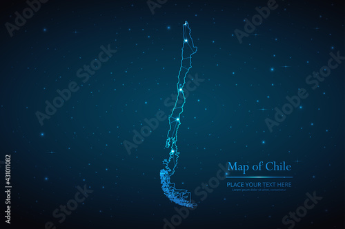 Abstract map of Chile geometric mesh polygonal network line, structure and point scales on dark background. Vector illustration eps 10