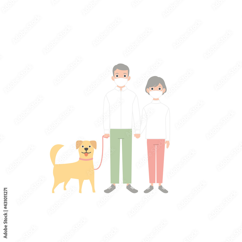 Elderly couple uses medical masks to protect against the coronavirus. Elderly married pair, husband and wife with dog. Flat cartoon vector illustration. 