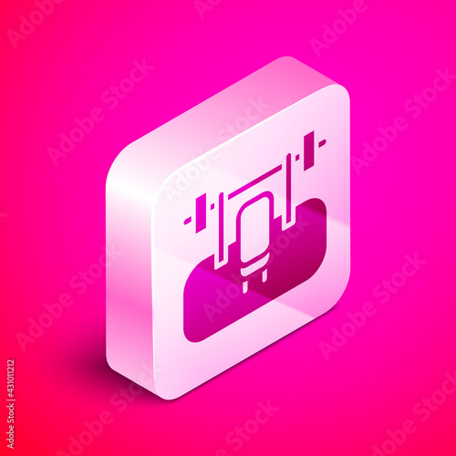 Isometric Bench with barbel icon isolated on pink background. Gym equipment. Bodybuilding, powerlifting, fitness concept. Silver square button. Vector
