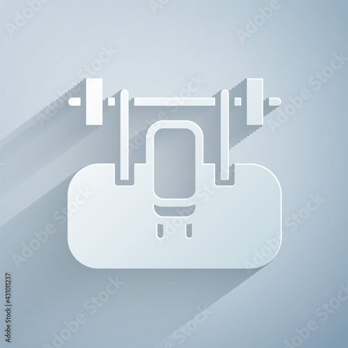 Paper cut Bench with barbel icon isolated on grey background. Gym equipment. Bodybuilding, powerlifting, fitness concept. Paper art style. Vector