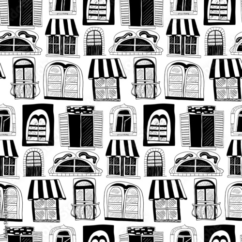 Hand drawn simple windows and doors vector seamless pattern
