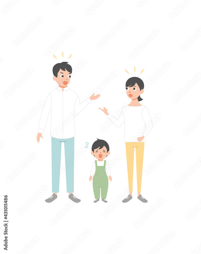 Mother and father brawling or quarreling in presence of child. Parents shouting at each other. Conflict between mom and dad. Unhappy family. Flat cartoon vector illustration