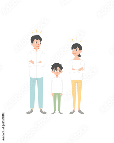 Mother and father brawling or quarreling in presence of child. Conflict between mom and dad. Unhappy family. Flat cartoon vector illustration