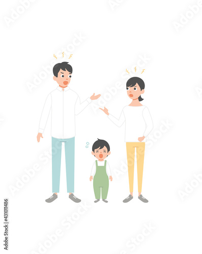 Mother and father brawling or quarreling in presence of child. Parents shouting at each other. Conflict between mom and dad. Unhappy family. Flat cartoon vector illustration