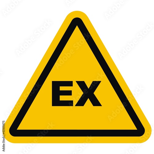danger of explosion, EX icon, vector industrial label, triangle frame, yellow background	