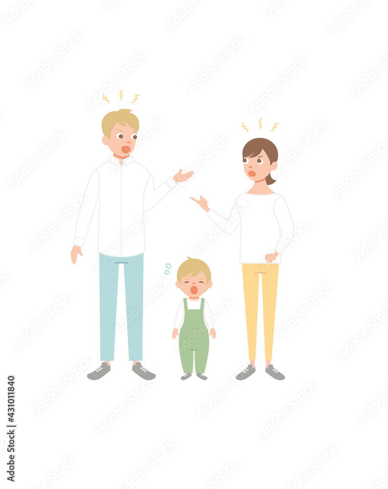 Mother and father brawling or quarreling in presence of child. Parents shouting at each other. Conflict between mom and dad. Unhappy family. Flat cartoon vector illustration Mother and father brawling or quarreling in presence of child. Parents shouting at each other. Conflict between mom and dad. Unhappy family. Flat cartoon vector illustration