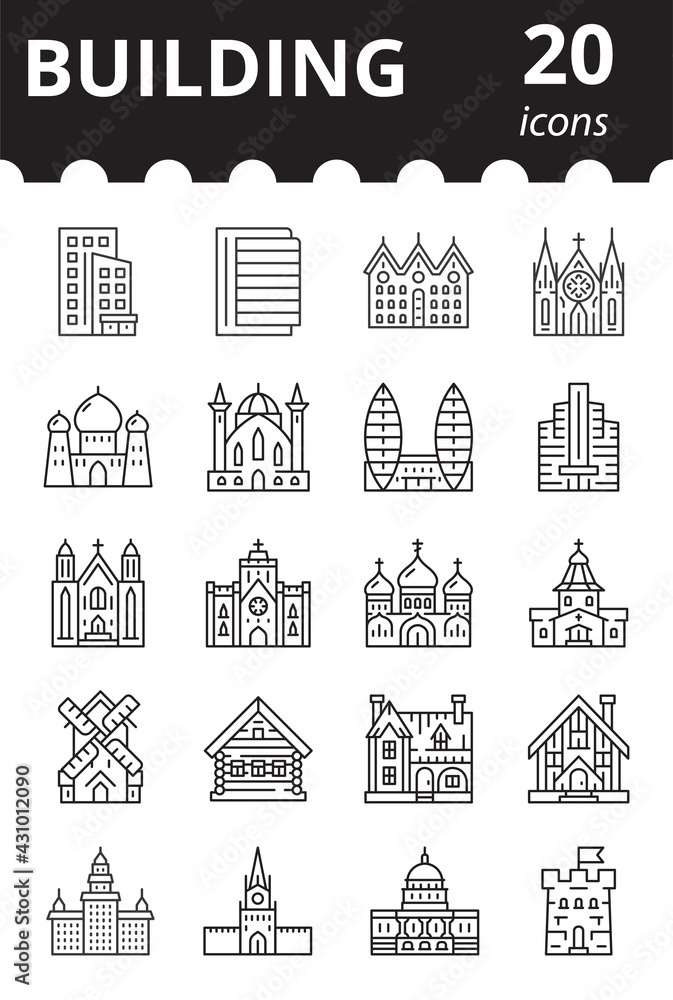 Buildings and attractions icons set. Simple vector linear symbols collection.