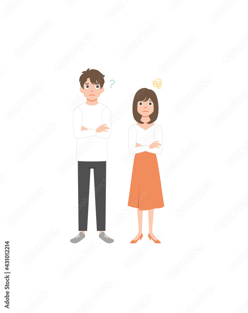 Young troubled couple. Confused woman and man thinking together. People with question marks vector illustration. Man and woman with question, thinking guy Young troubled couple. Confused woman and man thinking together. People with question marks vector illustration. Man and woman with question, thinking guy