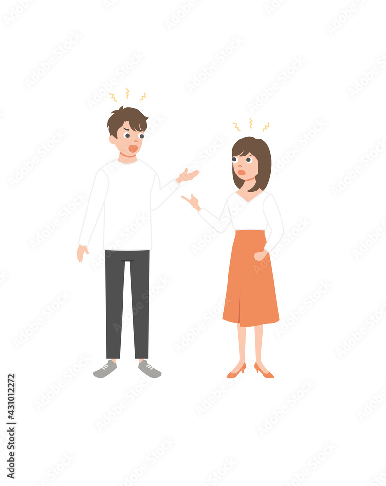 Cartoon couple scream each other having conflict vector flat illustration. colorful man and woman isolated on white background. Female and male character shouting