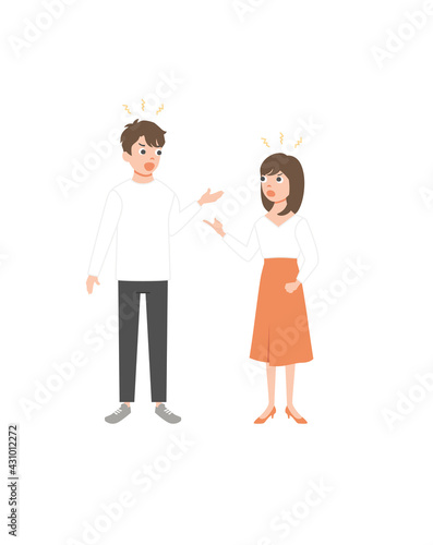 Cartoon couple scream each other having conflict vector flat illustration. colorful man and woman isolated on white background. Female and male character shouting