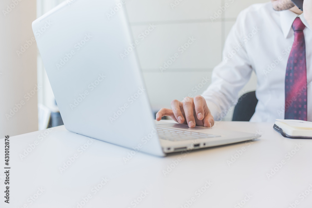 Close up unrecongizable business man hand using computer Close up unrecongizable business man hand using computer