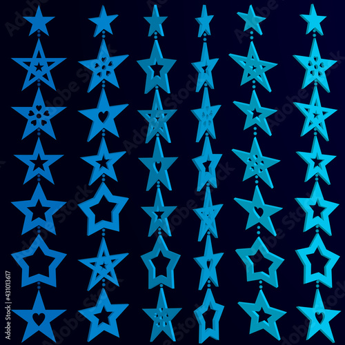 Garlands of three-dimensional light blue stars on dark background. Vector illustration