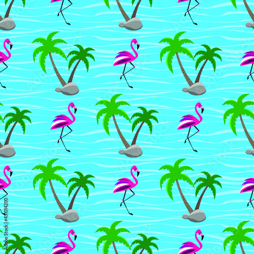 Tropical seamless pattern with palm trees and pink flamingos on blue background. Summer holidays. Vector illustration.