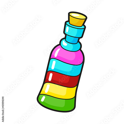 Magic drink in small bottle cartoon icon. Glass or crystal phial closed with cork containing liquid.