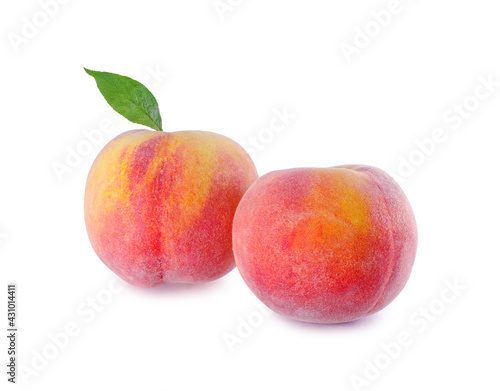 Peach fruits Peach with leaf on white background.