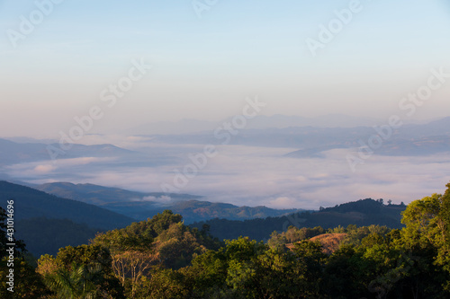 Sunrise time with sea of fog and clouds with mountain hill at Sri Nan National Park Doi Samer Dao Nan Province Thailand, Asia.