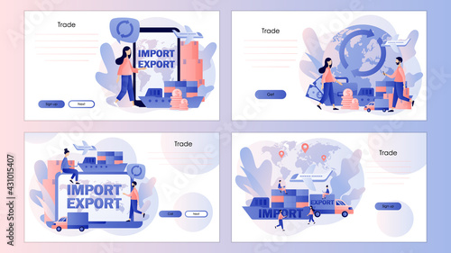 Import and export concept. Global trade. Logistics business. Sales goods and services worldwide. Screen template for landing page, template, ui, web, mobile app, poster, banner, flyer. Vector 