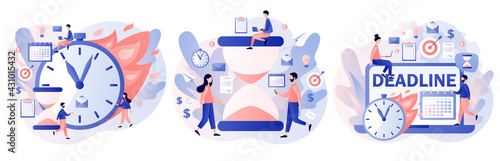 Deadline concept. Time management and productivity. Tiny people organize workflow, effective time spending. Teamwork process. Modern flat cartoon style. Vector illustration on white background