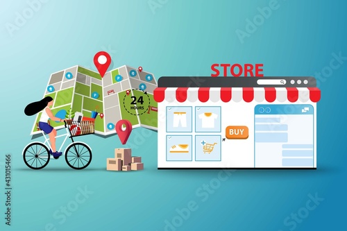 Concept of online to offline shopping, young women ride a bicycle to pick up the goods at store in a background of map and marker in perspective view.