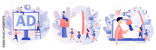Advertising agency concept. Service advertisement, Outdoor advertising, Digital marketing, SMM. Tiny people and big megaphone. Modern flat cartoon style. Vector illustration on white background