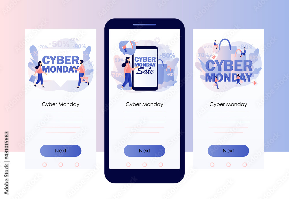 Cyber Monday sales. Tiny people shopping online. Big sale promotion. Special offer price. Advertising discounts. Screen template for mobile, smartphone app. Modern flat cartoon style. Vector Cyber Monday sales. Tiny people shopping online. Big sale promotion. Special offer price. Advertising discounts. Screen template for mobile, smartphone app. Modern flat cartoon style. Vector