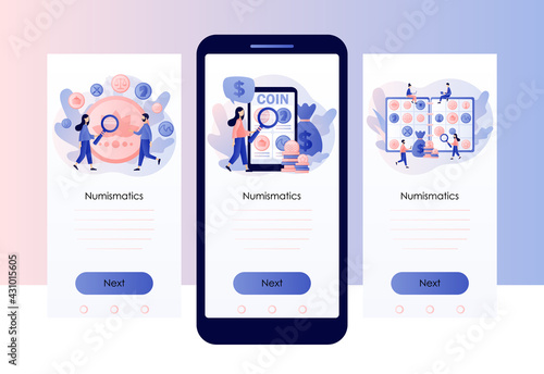 Numismatics. Tiny people numismatists collect, selling or buying old rare collectible coins. Hobby or profession. Screen template for mobile, smartphone app. Modern flat cartoon style. Vector 