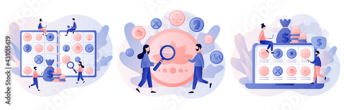 Numismatics. Tiny people numismatists collect, selling or buying ancient coins. Album for old rare collectible coins. Hobby or profession. Modern flat cartoon style. Vector illustration