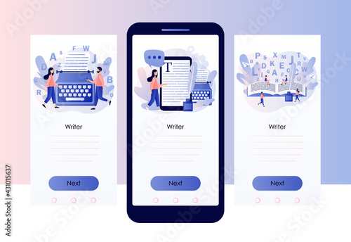 Professional writer, author, redactor, journalist, copywriter, content manager, blogger. Tiny people typing or write text. Screen template for mobile, smartphone app. Modern flat cartoon style. Vector