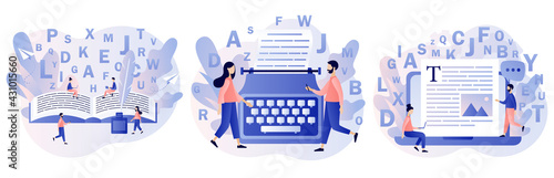 Professional writer, author, redactor, journalist, copywriter, content manager, blogger. Tiny creative people typing or write text. Modern flat cartoon style. Vector illustration on white background