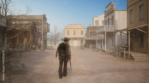 3D illustration of a gunman walking away through a wild west town with a rifle in hand.